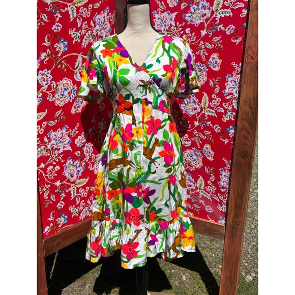 American Vintage Dresses & Skirts - VTG 70's Neon Floral Ruffle Vacation Whimsy Boho Chic Midi Dress Size M-L
